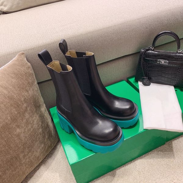 

leather nylon bag ankle boots thick platform wedge shoes with round head leather high heels flat bottom booties chunky luxury designer brand, Black