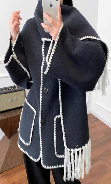 

22 fw toteme single breasted tassel scarf wool coat camelblack3639677, Black;brown