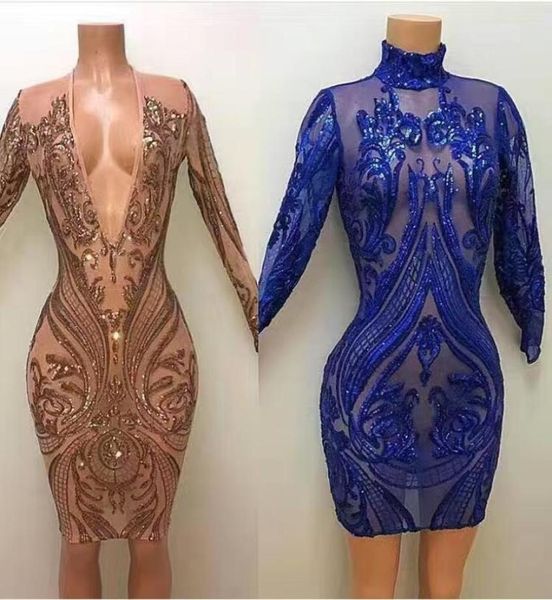 

2017 short sheath prom dresses with plunging v neck long sleeves illusion sequined lace mini bling party evening gowns8871325, Black