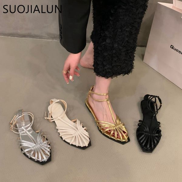 

sandals suojialun summer flat heel women sandal fashion brand gold narrow band ladies slingback shoes ankle srtrap dress slides 230822, Black