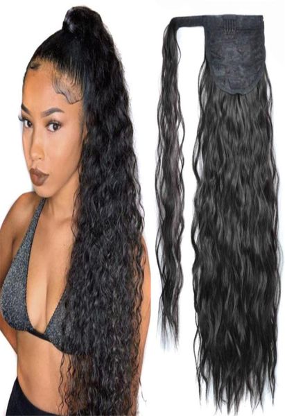 

long corn curly braid ponytail synthetic hair pieces magic pastes and clipin false ribbon drawstring wavy clip on hair extensions5261045, Black