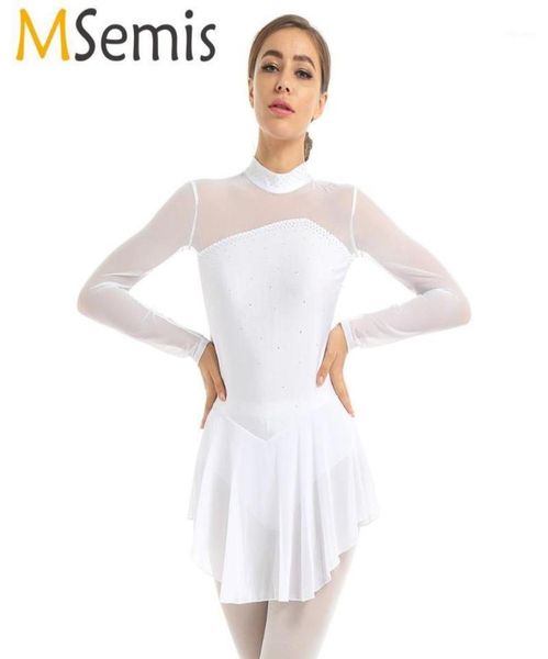 

stage wear msemis women figure ice skating dress shiny rhines see through long sleeves gymnastics leotard ballet dance costume12375730, Black;red