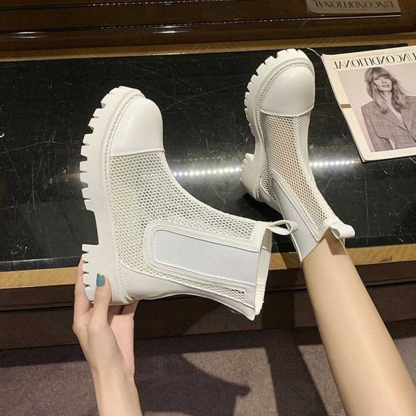 

2023 summer new fashion breathable mesh martin boots women's thick sole low barrel hollow chelsea cool boot 230811, Black