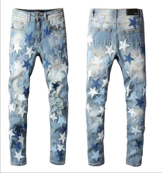 

2022 mens jeans hip hop high street fashion retro torn fold stitching men039s woemns designer motorcycle riding slim fitting ca2965051, Blue