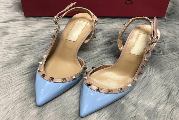 

pointed toe rivet sandals fashion women pumps casual designer gold matt leather studded spikes slingback high heels shoes1144221, Black