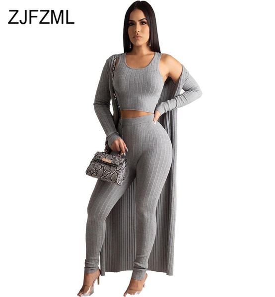

autumn winter 3 piece matching set women tank crop encil pantmaxi open stitch sweatsuits casual ribbed three piece outfits t4228895, Gray