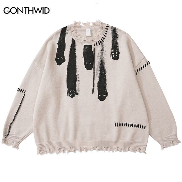 

men's sweaters hip hop sweaters streetwear y2k grunge ripped ghost print punk gothic knitted jumpers autumn harajuku casual pullover sw, White;black
