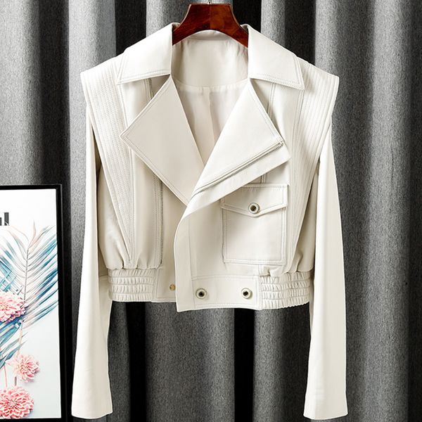 

women's leather faux leather arrivals genuine leather jackets sheepskin bomber jackets lady short jacket black white motorcycle cl4154