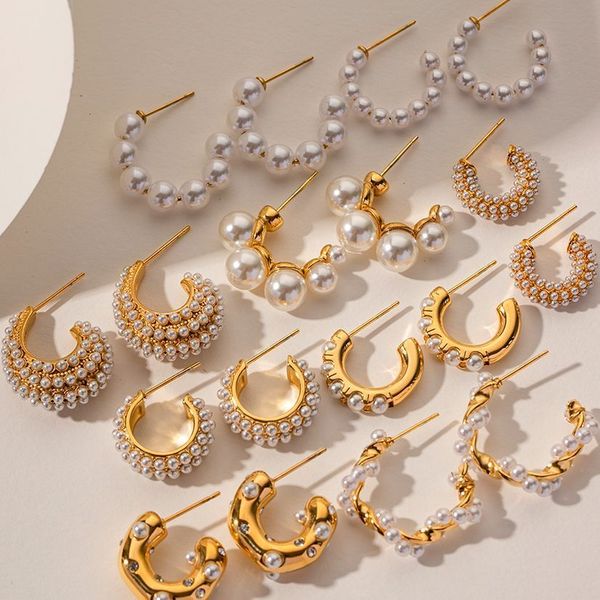 

stud uworld exquisite luxury stainless steel pearls beads hoop huggie earrings romantic elegant fashion charm trendy chic jewelry 230822, Golden;silver