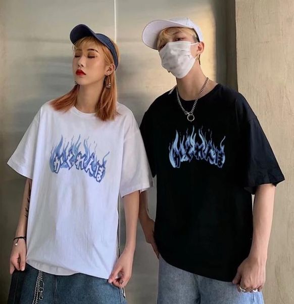 

streetwear gothic blue flame tee casual tshirt hip hop dark punk vintage aesthetic swag funny print t shirt men 3413917, White;black