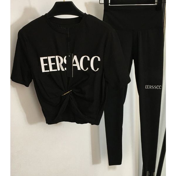 

8.22 fashion pin letter print short t-shirt + stretchy leggings women's 2 piece sets, White