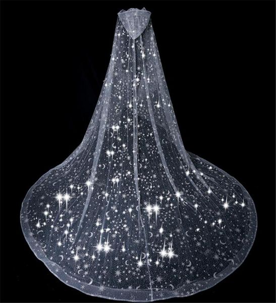 

bridal veils bling veil wedding cape white sparkly glittering stars moon long cathedral sequined shawl hooded for bride cloak9761793, Black
