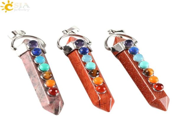 

csja 7 chakra natural gemstone pendant hexagon pendulum healing point reiki bullet meditation crystal women summer jewelry collect8600085, Silver