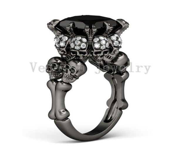 

vecalon antique skull jewelry 3ct black cz diamond wedding band ring set for women 14kt black gold filled female finger ring7146090, Slivery;golden