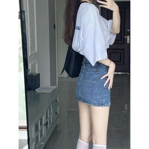 

item title thin small split denim skirt high waist a line hip short elastic xs matching with summer, Black