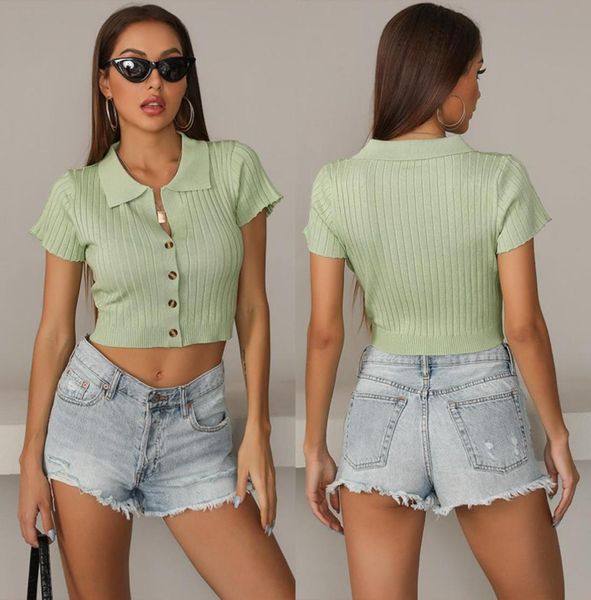 

summer new solid color lapel short sleeve tshirt women039s slim knit base shirt50821461589256, White