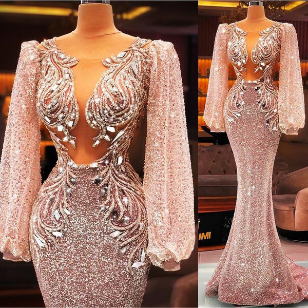 

sparkly arabic crystals mermaid evening dress 2022 long sleeves beading illusion party wear celebrity dresses for women robes, Black;red