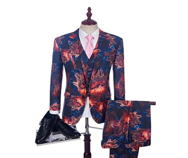 

new fashion print suit groom tuxedos fire red groomsman suit custom made man suit stage wear casual men stage clothing 3 psc5320693489491, Black;gray