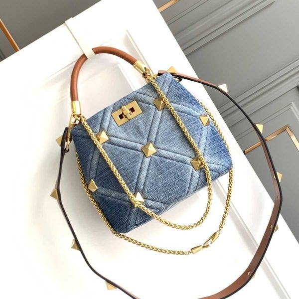 

crossbody denim bag diamond lattice rivets small bag blue denim chain portable v bags kray