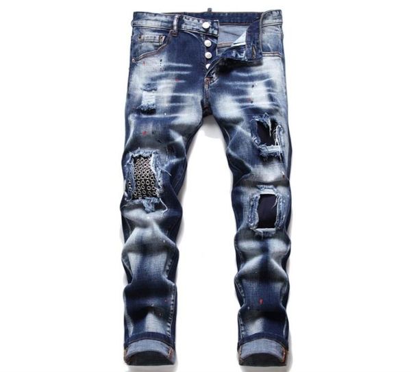 

men slim fit stretchy beggar jeans ripped badge skinny men039s denim pants 5pocket regular cotton jean destroyed hole clothing8507886, Blue