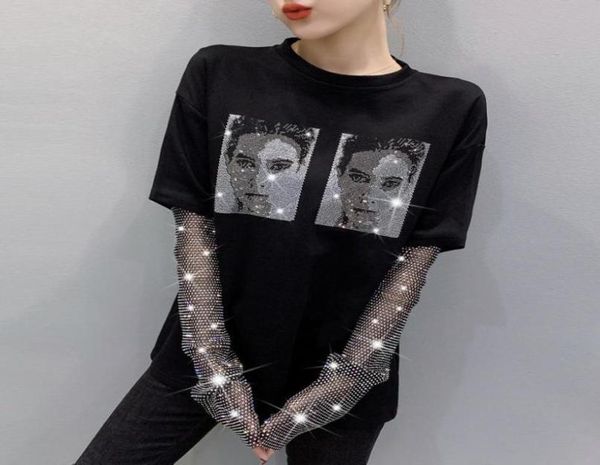 

women039s tshirt 2021 women black tshirts lady solid cotton tees splicing long sleeve t shirts female for woman sequined 3534626, White