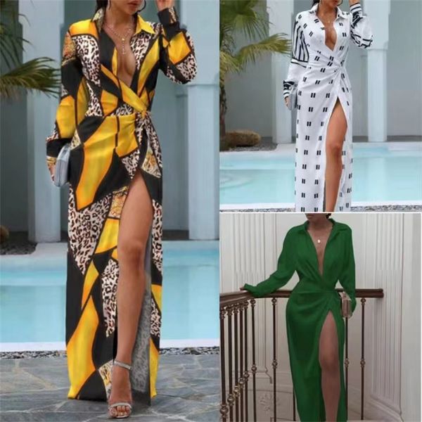 

casual dresses satin silk dress long sleeve party women night club soft autumn solid split turn down