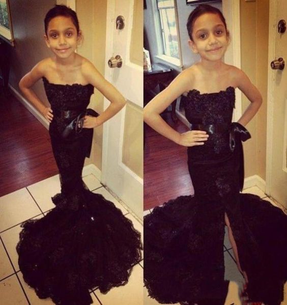 

black lace mermaid girls pageant dresses strapless front split sweep train appliques prom party flower girl communion gowns for te9149927, White;red