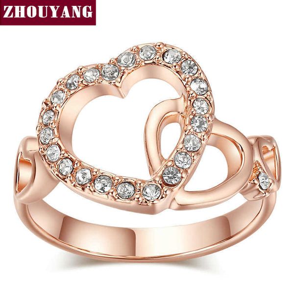 

band rings gold romantic dual hearts crystal love ring rose gold color austrian crystals full sizes r230822, Silver