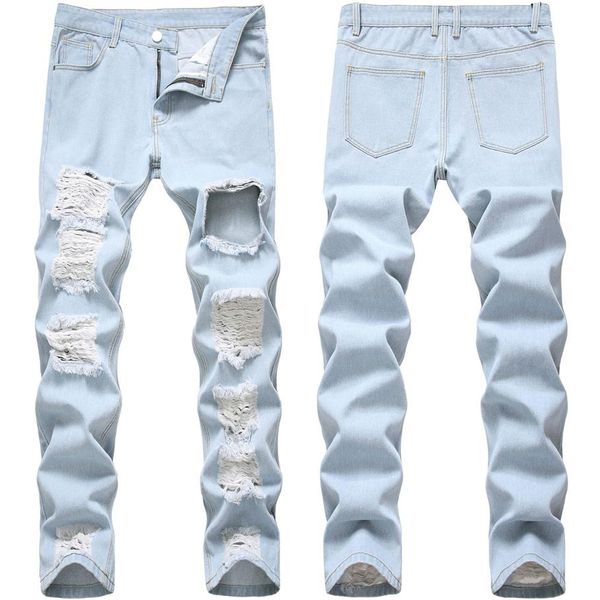 

men's jeans strechy mens slim fit broken motorcycle skinny light blue denim pants detailed street style troursers324o