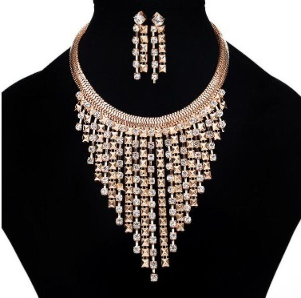

chic womens jewelry sets gift idea 18k gold plated rhinestone embelishment tassel party necklace earring sets1940998, Golden;silver