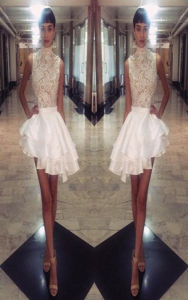 

michael costello short dresses high neck lace satin cocktail party gowns tiers ruffles asymmetrical mini prom celebrity gowns cust4572702, Black