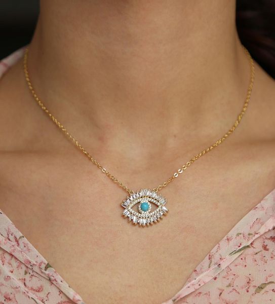 

18k gold plated turkish necklace lucky girl gift baguette cubic zirconia turquoise geomstone evileye jewelry9676048, Silver