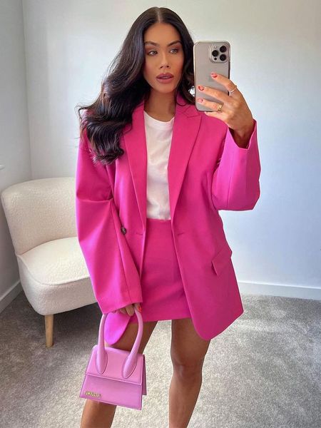 

two piece dres s spring jacket fashion single button slim fit blazer coat vintage long sleeve pockets female outerwear skirt suit 230822, White