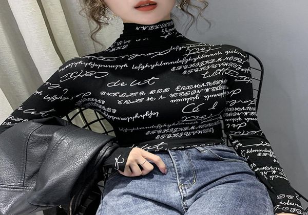 

korean clothes graffiti letter tshirt 2020 new spring women long sleeve print slim ropa mujer bottoming shirt tees t02207 a17789672, White