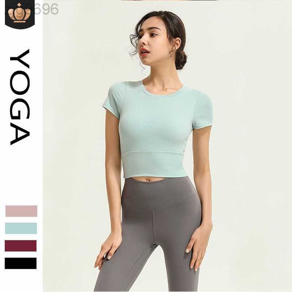 

desginer al yoga t shirt short sleeve sports women's short dress with chest cushion tight slim fit fitness wear 23ss, White