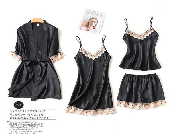 

women039s sleepwear robe sets women satin dressing gown silk long nightgown home suit kimono bathrobes negligee peignoirs 6994080, Black;red