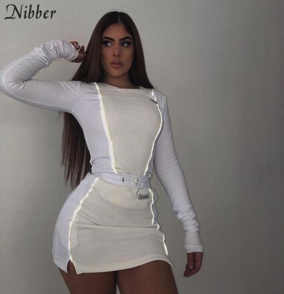 

nibber fashion reflective patchwork sportswear 2pieces sets femme 2019new white knitting women tee mini shirts skirts suits v7246006