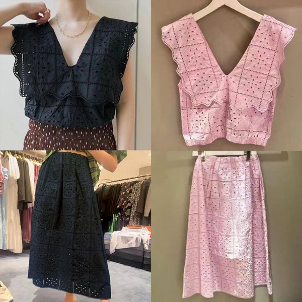 

new ruffled embroidery hollow v-neck waistband g-a-ni sleeveless bottom half skirt women's set, Black;gray