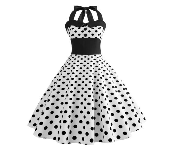 

retro polka dot summer dresses women strapless halter 50s 60s chic vintage rockabilly party dress kneelength robe 20218510751, Black;gray