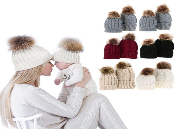 

5 colors mom and baby hat with pompon warm raccoon fur bobble beanie kids cotton knitted parentchild hat winter caps xmas gift6645541, Yellow