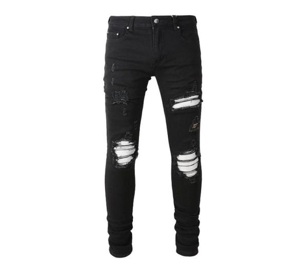 

men039s jeans high street ripped patch stretch slim black jeans4696609, Blue