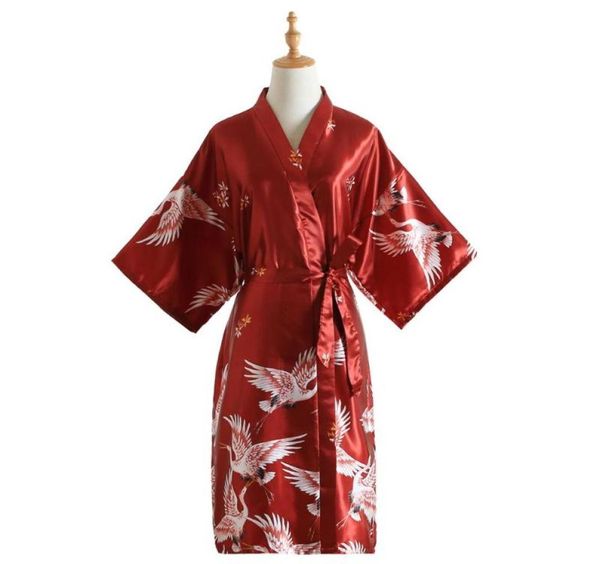 

female bathrobe print cranes kimono bride dressing gown sleepwear night grow for women fashion satin robe2532234, Black;red