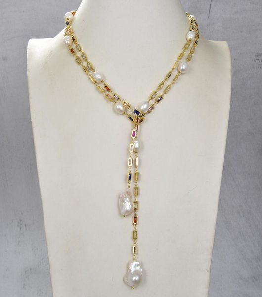 

guaiguai jewelry cultured white keshi pearl rectanle cz pave chain necklace 50quot long necklace handmade for women real gems st6473045, Silver