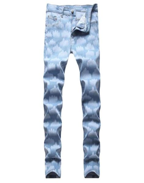 

men039s jeans printed blue sky white cloud jeans straight leg light color trousers99273066903143