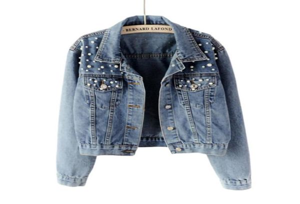 

denim jacket women autumn jean jackets pearl casual coat long sleeve outerwear3963514, Black;brown