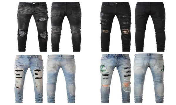 

mens jeans distressed motorcycle biker jean rock skinny slim ripped hole patchwork regular skinny designer high denim black pa6564163, Blue
