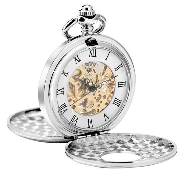 

retro vine silver pocket watch men women handwinding mechanical timepiece skeleton double hunter pendant fob chain reloj de bol249b3655229, Slivery;golden