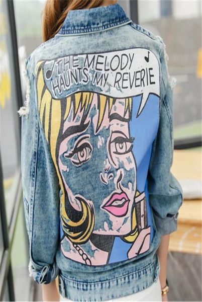 

fashioncbafu hippie chic funny print jean jacket women ripped hole bomber jacket casual short denim coat cowboy outwear n9811223689, Black;brown