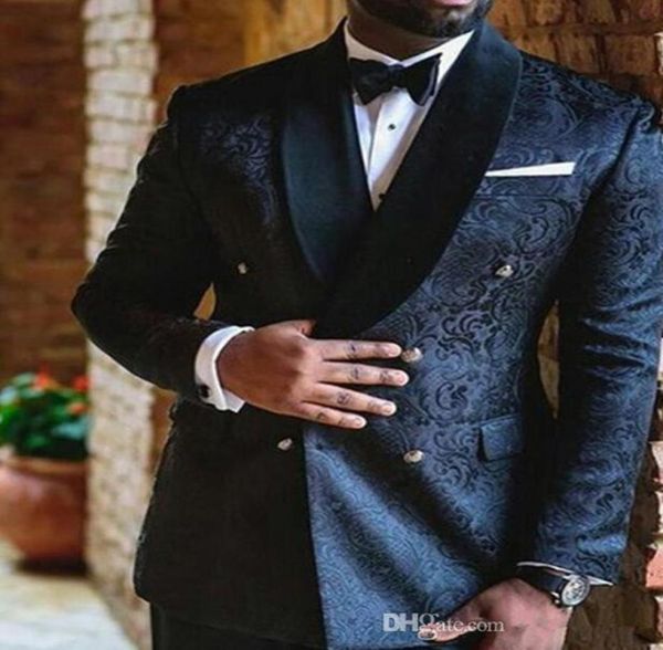 

new navy blue embroidery wedding mens suits double breasted custom slim fit groom tuxedos shawl lapel two piece jacket pants male 2442958, Black;gray