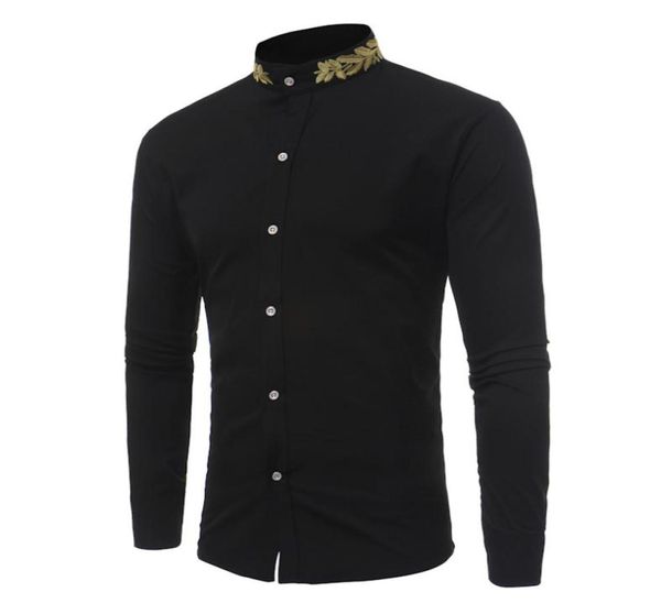 

men039s new fashion casual personality wheat ear embroidery stand collar shirt autumn winter male long sleeve shirt8780016, White;black